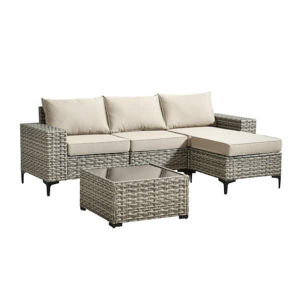 Sunny 5-Piece Wicker Wide Arm Outdoor Furniture Patio Conversation Sofa Seating Set with a Table and Beige Cushions