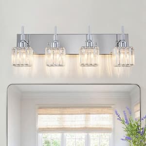 26 in. 4 Lights Chrome Dimmable Bathroom Vanity Light with Crystal Shades