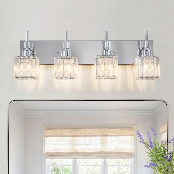 LLHZSY 26 in. 4 Lights Chrome Dimmable Bathroom Vanity Light with Crystal Shades