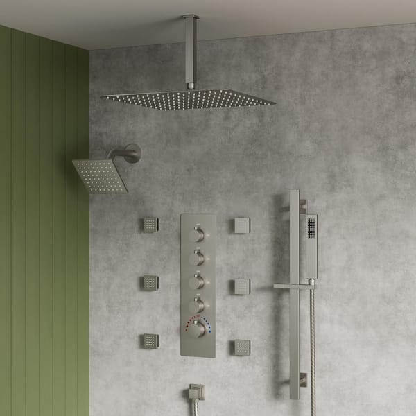CRANACH Thermostatic Valve 15-Spray 16 and 6 in. Ceiling Mount Dual Shower Head and Handheld Shower 2.5 GPM in Brushed Nickel
