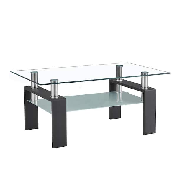 CIPACHO 39.4 in. Black Rectangle Clear Glass Coffee Table with Metal Legs