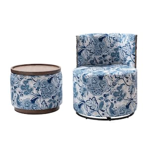 Edurne Floral Fabric Barrel Chair with Ottoman Removable Tray Top-NAVY