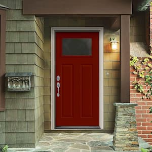 30 in. x 80 in. 1 Lite Craftsman Mesa Red Painted Steel Prehung Right-Hand Inswing Front Door w/Brickmould