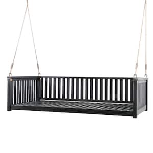 2-Person Black Acacia Wood Porch Swing Twin Size Patio Swing Bed with Ropes Outdoor Swing Bench Swing Daybed