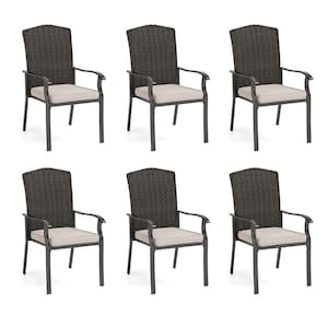 Black Rattan Metal Patio Outdoor Dining Chair with Beige Cushion (6-Pack)