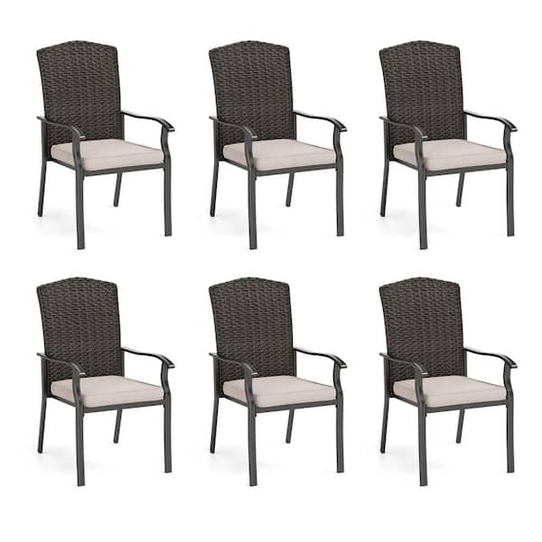 PHI VILLA Black Rattan Metal Patio Outdoor Dining Chair with Beige Cushion (6-Pack)