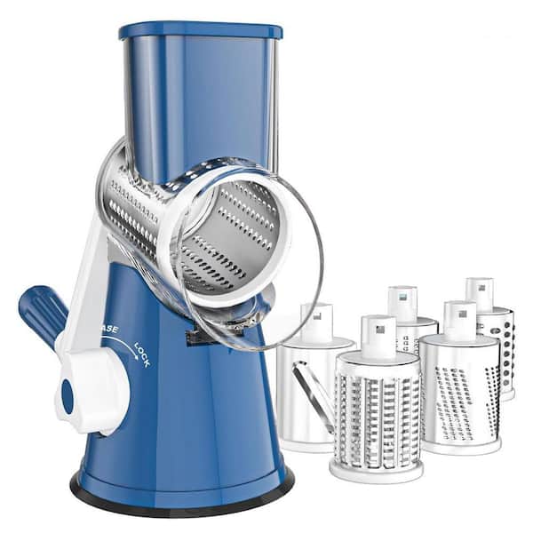 Deep Blue Rotary Cheese Grater with 5 Stainless Steel Blades Non-Slip Suction Base for Cheese Vegetables Nuts