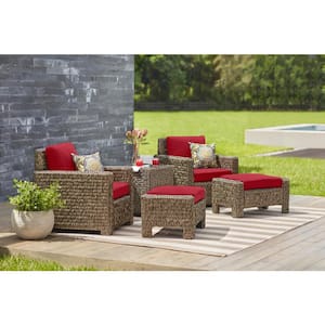 Laguna Point Brown Wicker Outdoor Patio Ottoman with CushionGuard Chili Red Cushions (2-Pack)