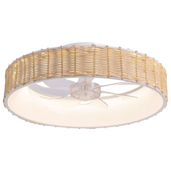 20 in. Indoor White Boho Flush Mount Rattan Ceiling Fan with Light and Remote, Dimmable Low Profile Ceiling Fan