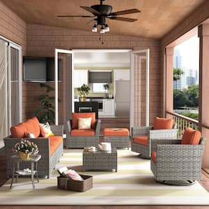 Alfresco Allure 9-Piece Wicker Patio Conversation Sectional Sofa Set with Orange Red Cushions and Swivel Rocking Chairs