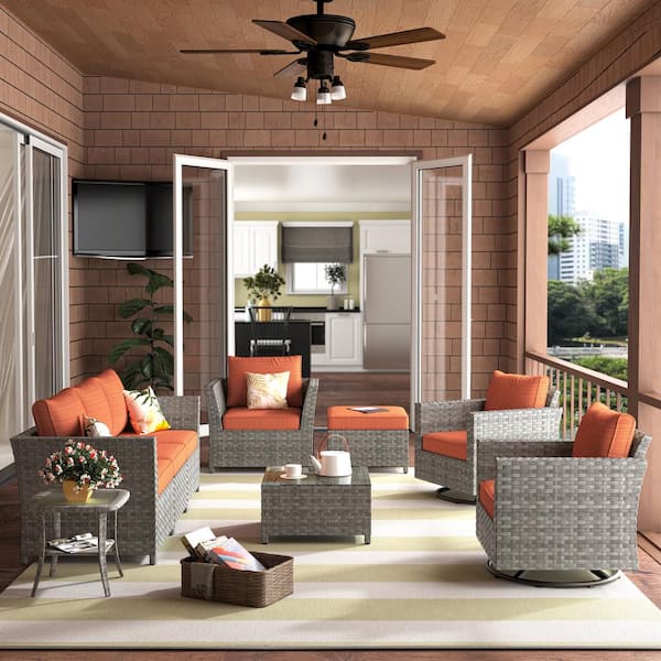 XIZZI Alfresco Allure 9-Piece Wicker Patio Conversation Sectional Sofa Set with Orange Red Cushions and Swivel Rocking Chairs