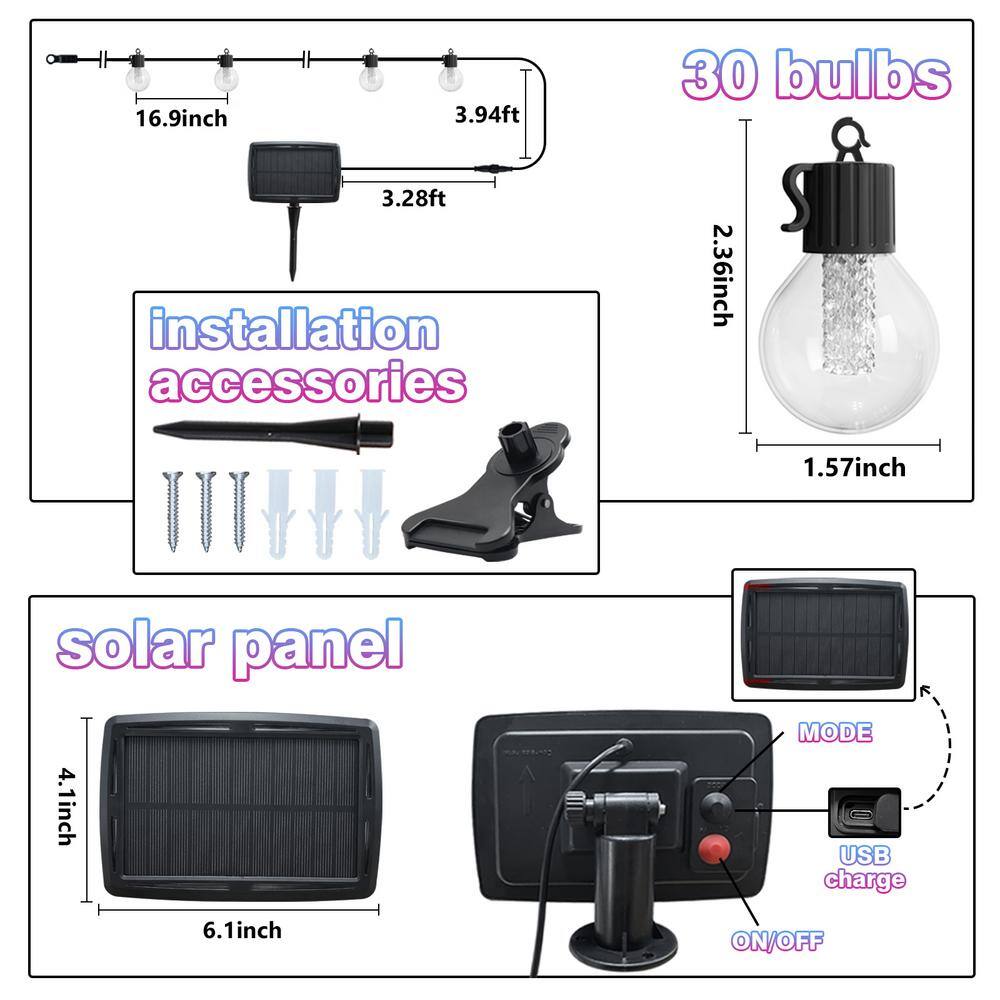 50FT Multicolor Solar Powered Outdoor String Lights with USB Charging