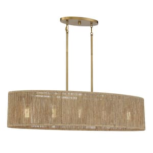 Ashe 42 in. W x 9 in. H 5-Light Warm Brass Chandelier with Oval Textured Rope Shade