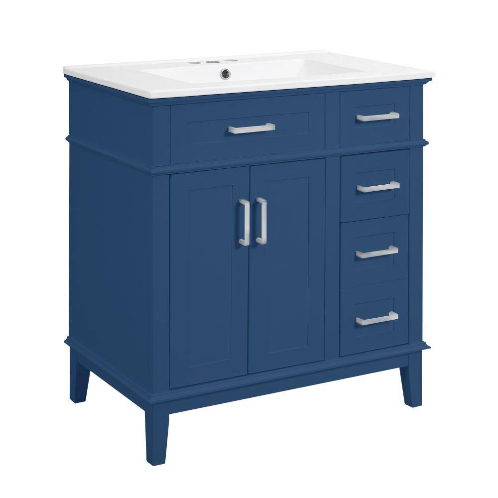 30 in. W x 18 in. D x 34 in. H Single Sink Bathroom Vanity in Blue with White Ceramic Top and Silver Hardware price history on PriceWatchPro