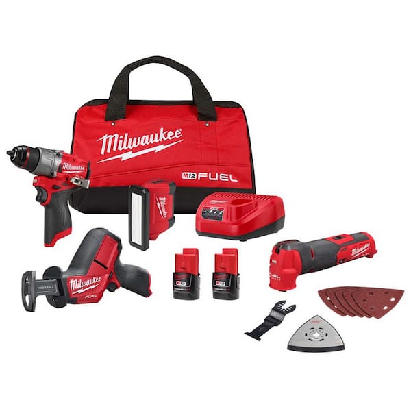 Milwaukee M12 FUEL 12-Volt Li-Ion Brushless Cordless Hammer Drill Combo Kit, Recip Saw, Light, Multi-Tool w/2 Batteries (4-Tool)