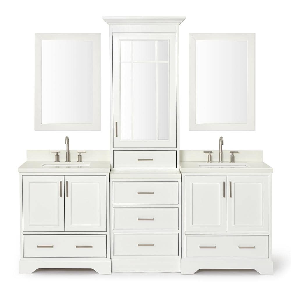 White Double Sink Vanity Set with Quartz Countertop and Mirrors