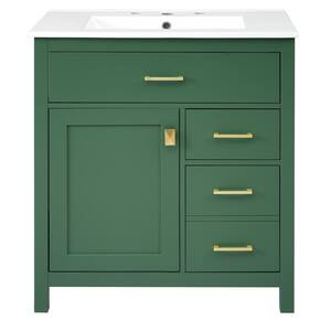 30 in. W Freestanding Bath Vanity in Green with White Ceramic Top and Ample Storage