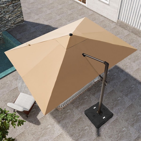 12.5 ft. x 10 ft. Aluminum 360° Rotation Cantilever Offset Tilt Patio Umbrella in Tan, Base Stand with Wheels Included
