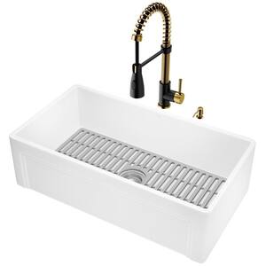 Matte Stone White Composite 33 in. Single Bowl Farmhouse Kitchen Sink with Faucet in Matte Black/Gold and Accessories