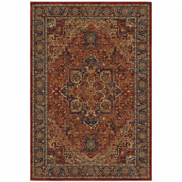 HomeRoots 4' X 6' Red And Blue Oriental Power Loom Stain Resistant Area Rug