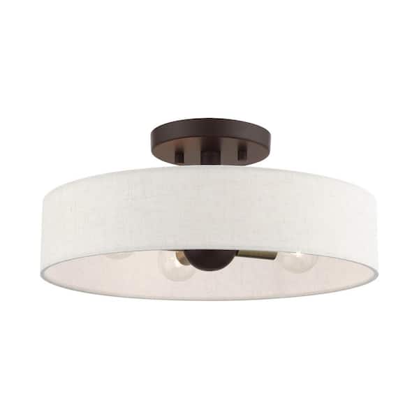 AVIANCE LIGHTING Ambridge 14 in. 4-Light Bronze Semi Flush Mount with Oatmeal Fabric Shade