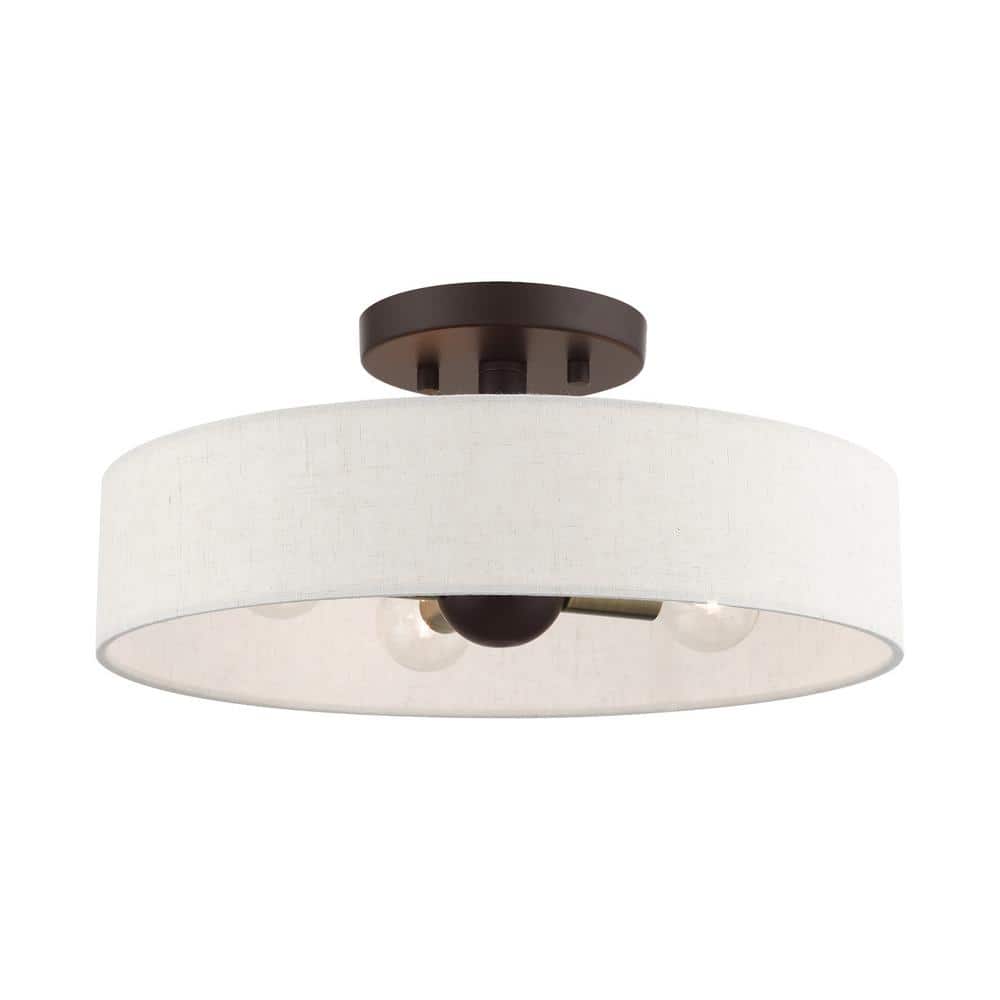 Bronze Antique Brass 4-Light Drum Semi-Flush Mount with Oatmeal Shade