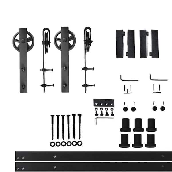 HOMACER 9 ft./108 in. Black Rustic Non-Bypass Sliding Barn Door Hardware Kit Spoke Wheel Design Roller for Double Doors