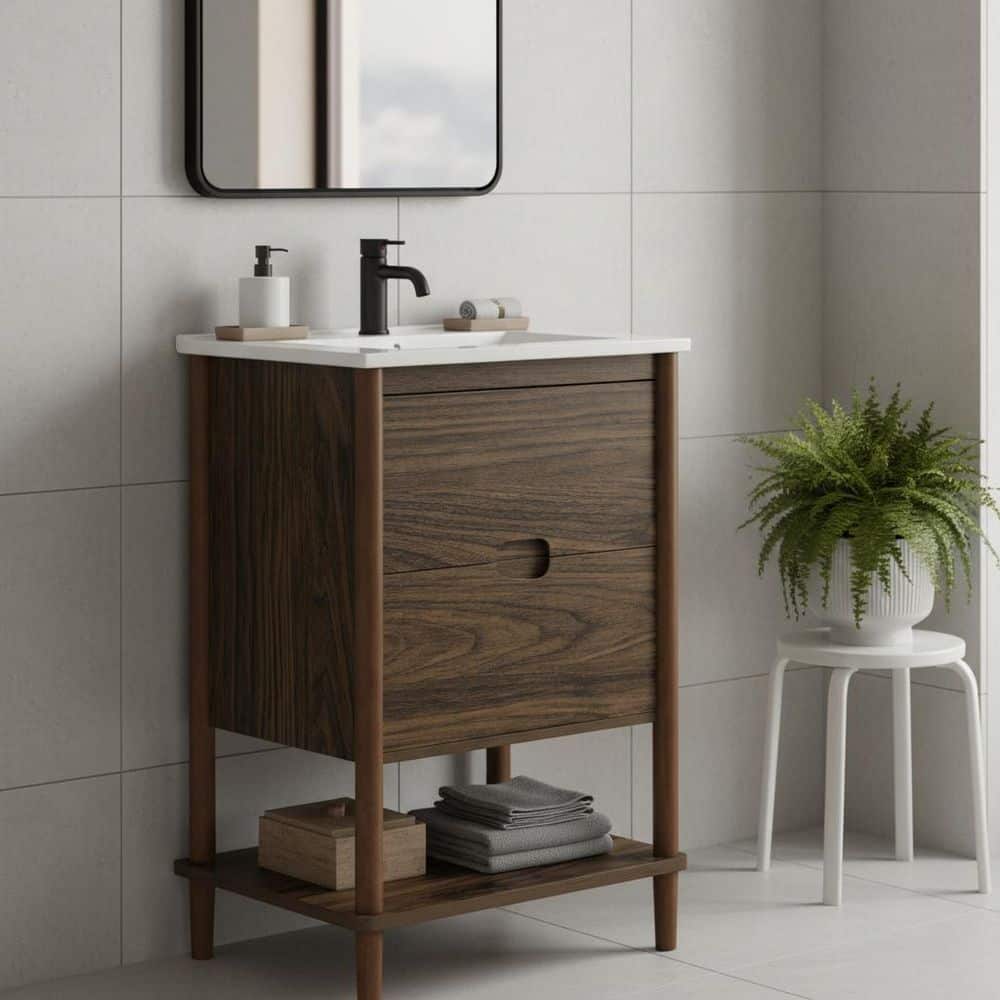 Ellery 24.02 in. Wide Single Sink Freestanding Walnut Bath Vanity with White Ceramic Integrated Square Top price history on PriceWatchPro