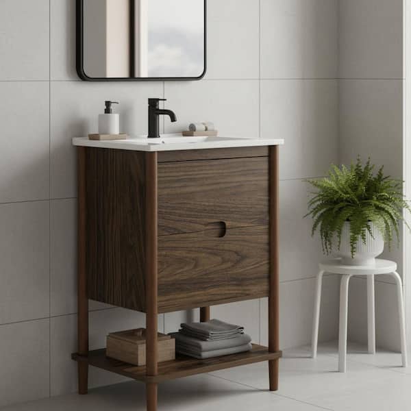 Teamson Home Ellery 24.02 in. Wide Single Sink Freestanding Walnut Bath Vanity with White Ceramic Integrated Square Top