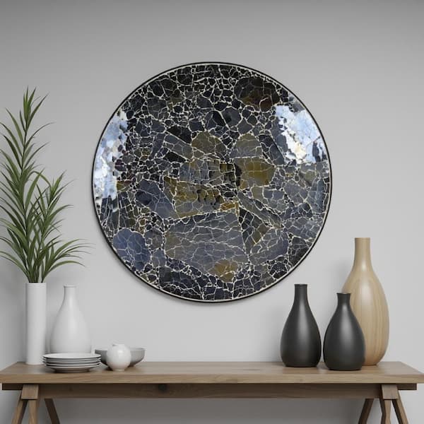 Qwin Black Glass Decorative Wall Platter Sculpture with Mosaic Pattern