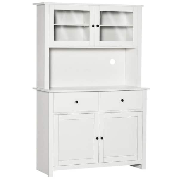 63.5 in. H White Wood Pantry Organizer with with 4-Shelves, Drawers, Framed Glass Doors, Open Microwave Countertop