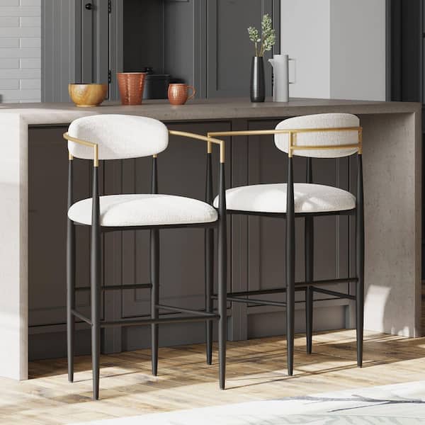 Noble House Boise Veera 29.75 in. Beige, Black and Gold Metal Frame Boucle Fabric Cushioned Modern Glam Bar Stool (Set of 2)