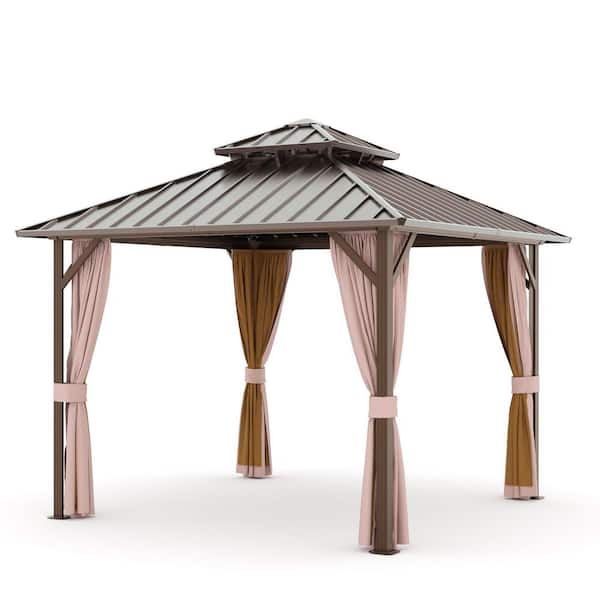 12 ft. x 12 ft. Black 2-Tier Hardtop Galvanized Aluminum Double Roof Gazebo Canopy with Netting and Curtains