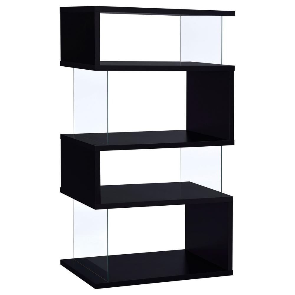 Contemporary Zigzag 63" Black Bookshelf with Glass Supports