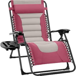 Oversized Padded Zero Gravity Pink/Taupe Metal Reclining Outdoor Lawn Chair with Side Tray