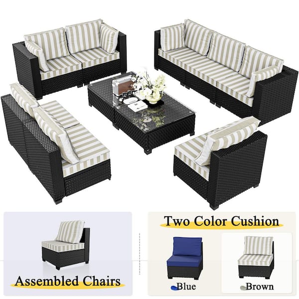 10-Piece Wicker Rattan Outdoor Patio Conversation Seating Set w/ Coffee Tables, Brown Stripe and Blue Cushion (8-Seats)