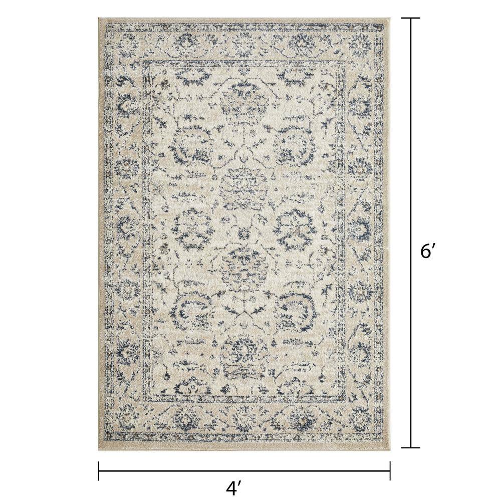 Gray and Ivory Floral Synthetic 4' x 6' Area Rug
