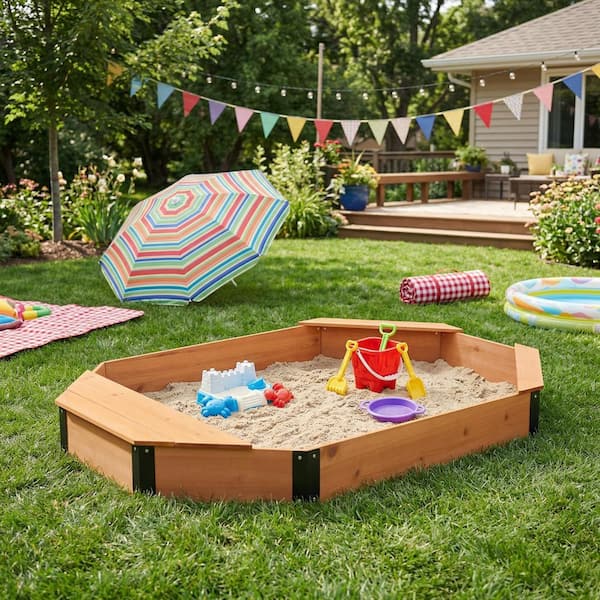 6.3 ft. W x 4.4 ft. L Reddish Brown Wood Octagon Sandbox with