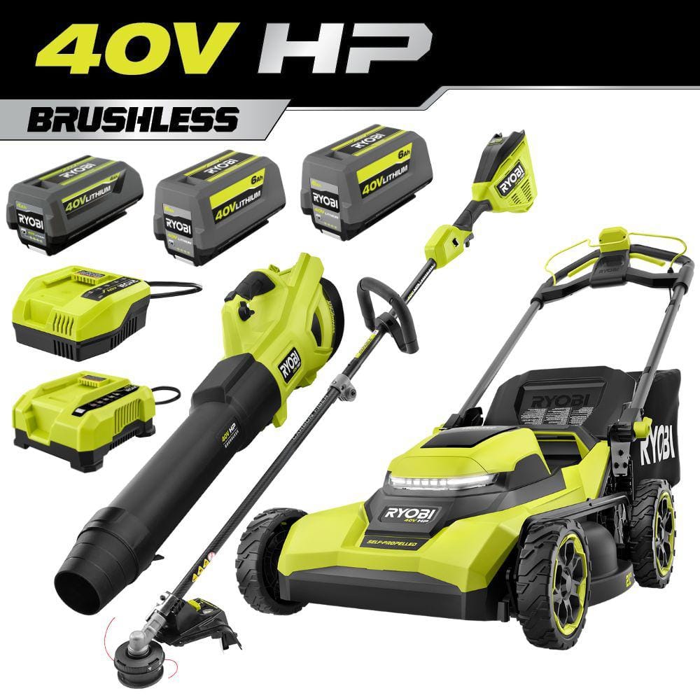 RYOBI 40V HP Brushless 21 in. Cordless Battery Walk Behind Self-Propelled Mower, Blower & Trimmer-(3) Batteries & (2) Chargers RY40HPLM01K2-RY40HPCK201K - The Home Depot