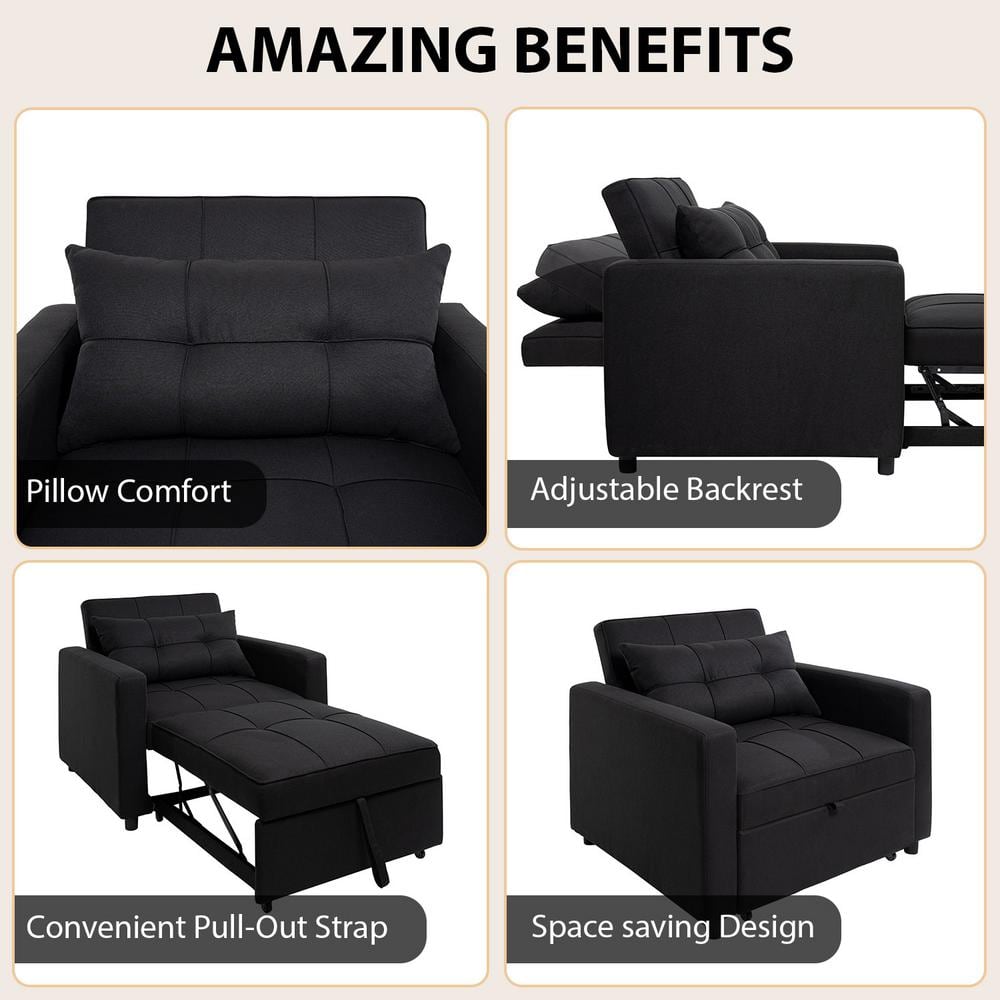Black Linen Convertible Sleeper Accent Chair with Metal Frame