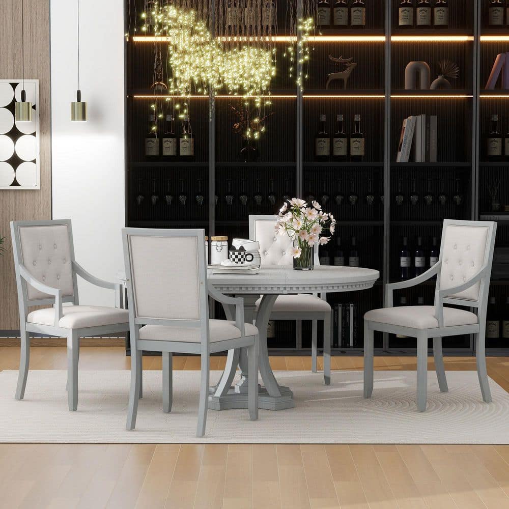 Retro 5-Piece Gray Extendable Round Table Dining Set with 4-Upholstered Chairs