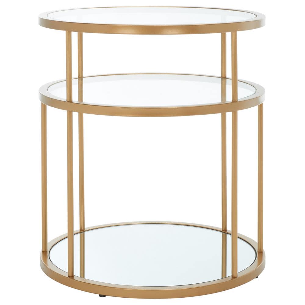 Gold and Clear Round Metal Glass Accent Table with Shelves