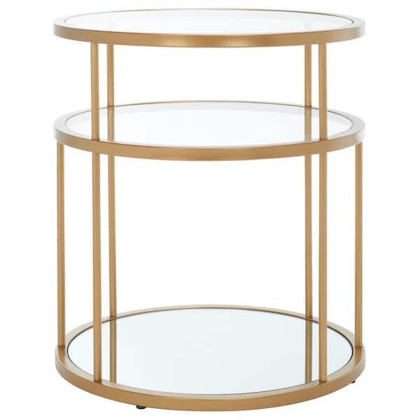 SAFAVIEH Layta 20 in. Gold Round Glass End Table with Shelves
