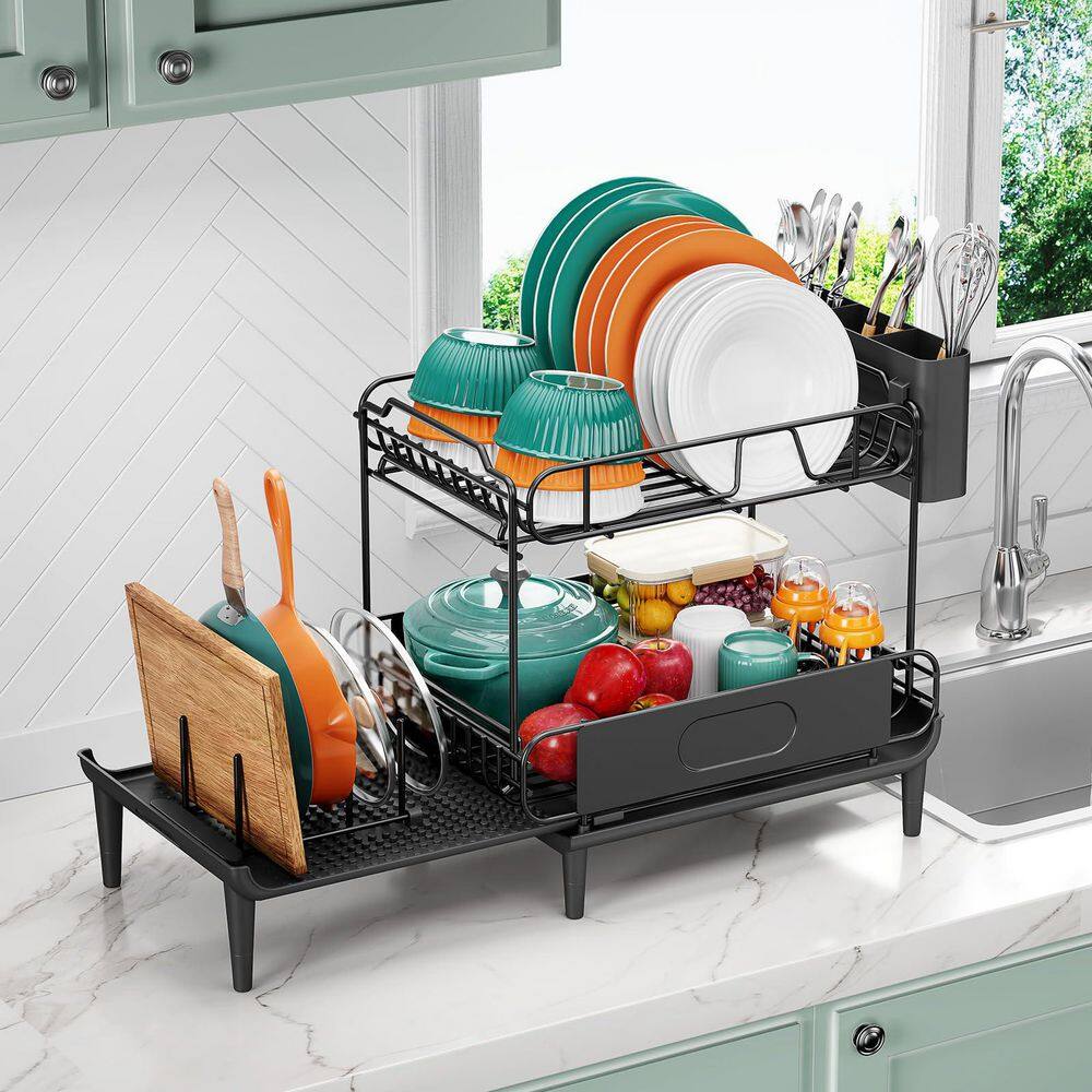 Kitchen Dado Rack Wudkey Black Dish Drying Rack for Kitchen Counter, Expandable 2-Tier ...