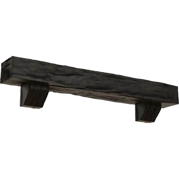 Ekena Millwork 4 in. x 8 in. x 5 ft. Riverwood Faux Wood Beam Fireplace Mantel Kit, Ashford Corbels in Burnished Cedar