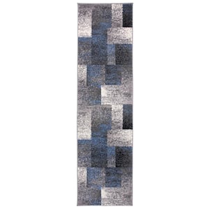 Contemporary Distressed Boxes Blue 2 ft. x 7 ft. Indoor Runner Rug