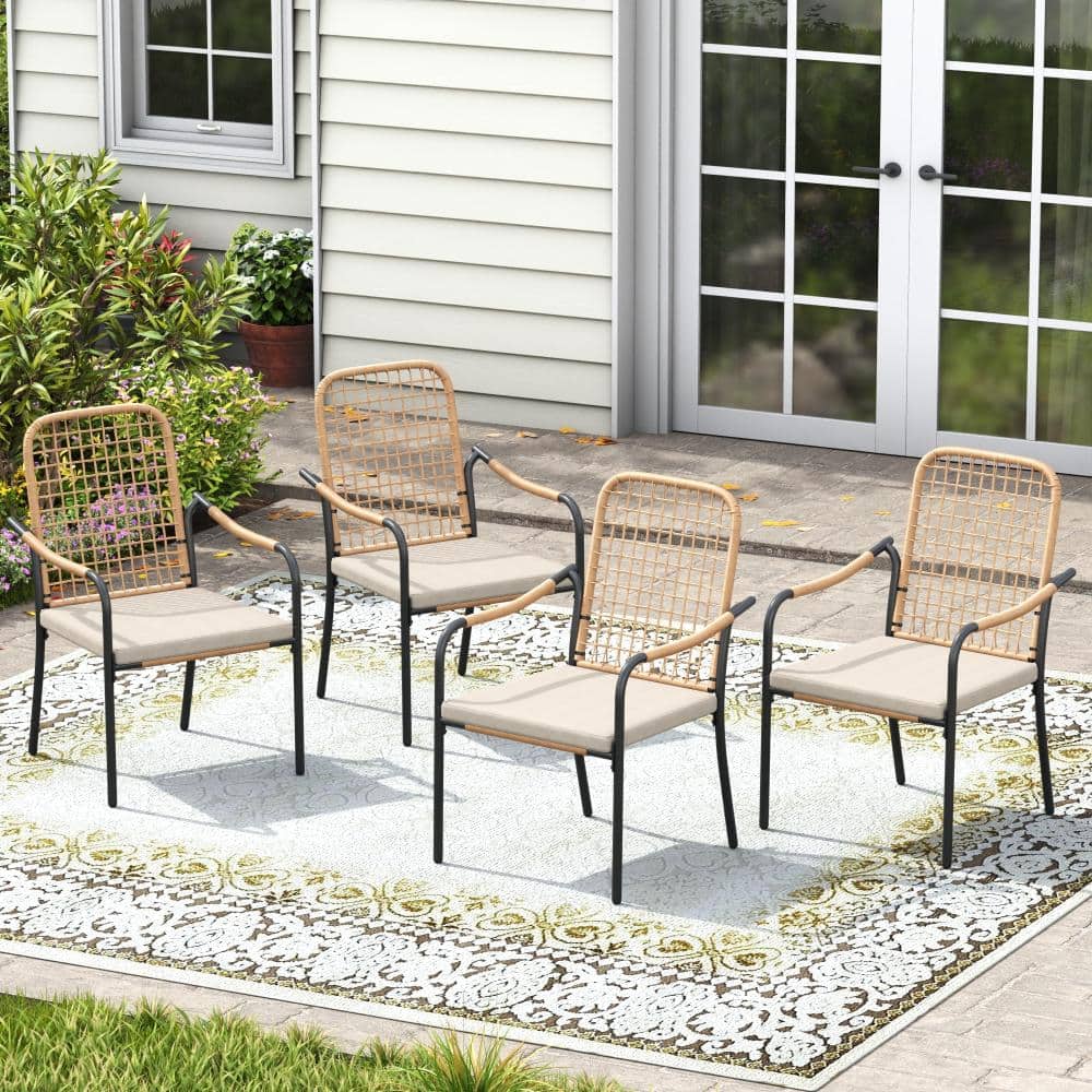 Wheat Wicker Outdoor Stackable Patio Dining Chairs with Beige Cushions (4-Pack) price history on PriceWatchPro