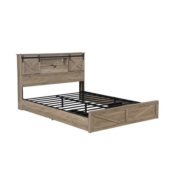 Girel Gray Metal Frame King Size Platform Bed with Storage Drawers and Sliding Barn Door Wooden Headboard