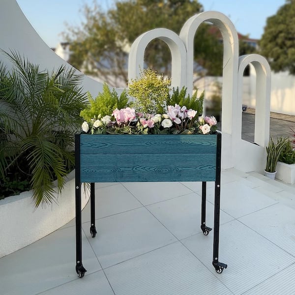 EverBloom 18 in. D x 36 in. H x 36 in. W Blue and Black Composite Board and Steel Self-watering Mobile Elevated Planter