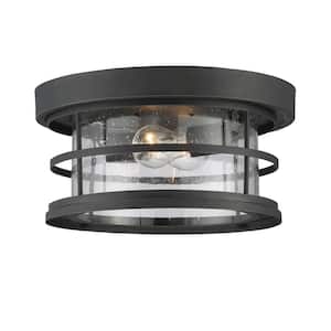 Barrett 10 in. W x 6 in. H 2-Light Black Outdoor Flush Mount with Clear Seeded Glass
